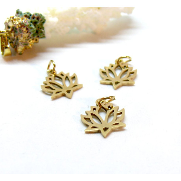 Pendentifs avec anneau, Fleurs de Lotus 12 par 15mm, Acier Inoxydable 304 finition Doré