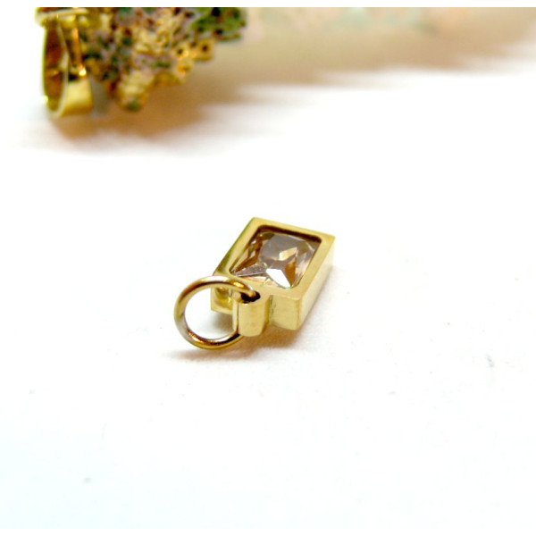 Pendentif  forme Rectangle avec Zirconium Beige 13 par 6mm Acier Inoxydable 304 finition Doré