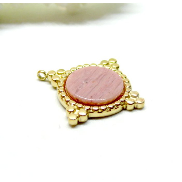 Pendentif Boho Chic, trou transversale , Rhodonite 22mm, Acier Inoxydable 304 finition Doré, PVD