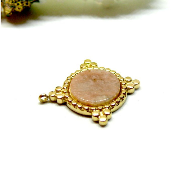 Pendentif Boho Chic, trou transversale , Rhodonite 22mm, Acier Inoxydable 304 finition Doré, PVD