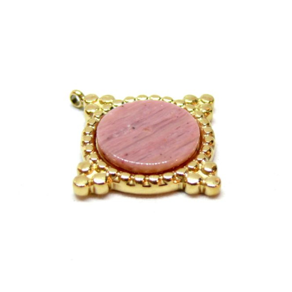 Pendentif Boho Chic, trou transversale , Rhodonite 22mm, Acier Inoxydable 304 finition Doré, PVD