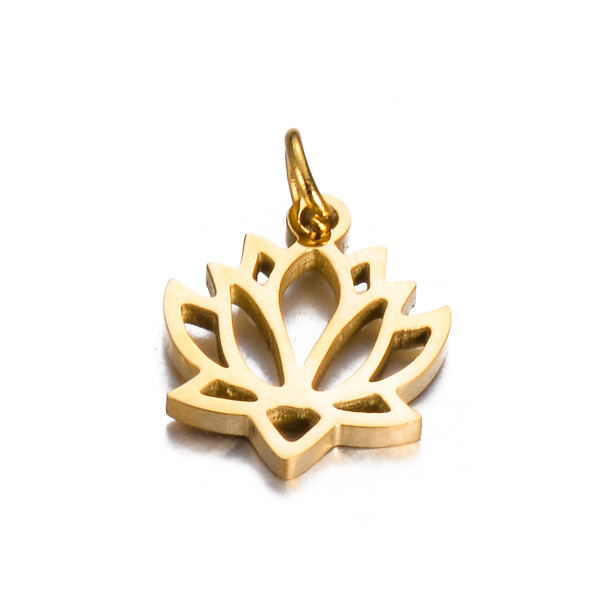 Pendentifs avec anneau, Fleurs de Lotus 12 par 15mm, Acier Inoxydable 304 finition Doré