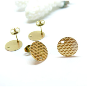 Boucles d'oreilles, Puces Travaillées 8mm avec trou et embouts poussoirs, Acier Inoxydable 304, finition DORE