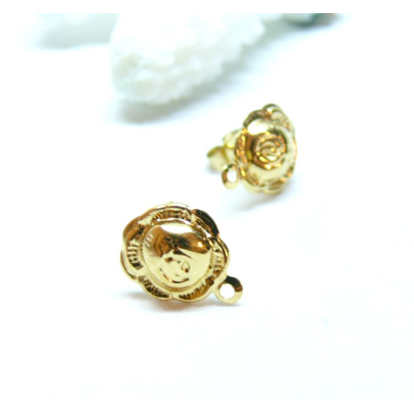 Boucles d'oreilles, Puces forme ROSE 10m avec anneau d'attache et embouts poussoirs, Acier Inoxydable 304, finition DORE