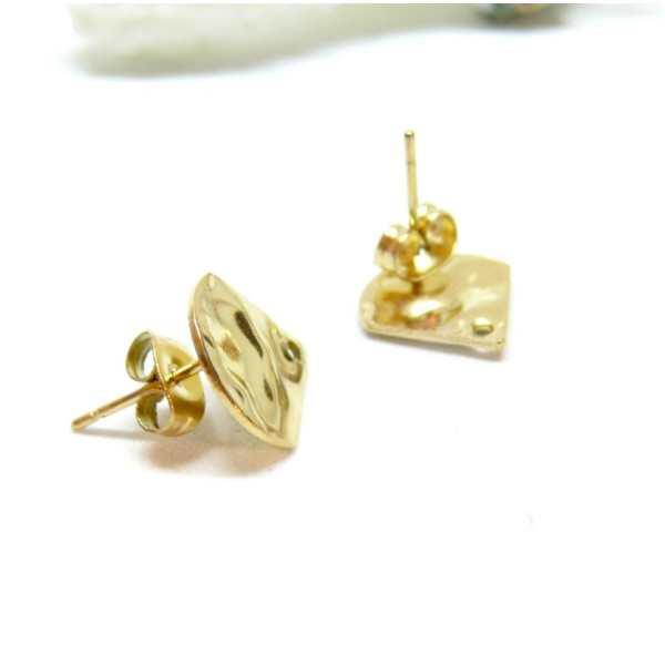 Boucles d'oreilles, Puces Eventail martelé 12mm, Acier Inoxydable 304, finition Doré, avec embouts poussoirs