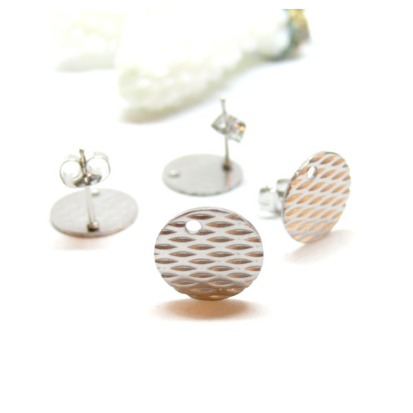 Boucles d'oreilles, Puces Travaillées 10mm avec trou et embouts poussoirs, Acier Inoxydable 304, finition Argenté