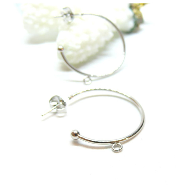 Boucles d'oreilles, Puces Créoles 25mm avec anneau d'attache, embouts poussoirs, Acier Inoxydable 304, finition ARGENT