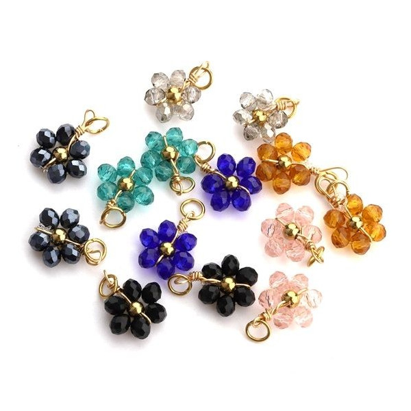 Pendentifs forme Fleur avec perles en verre Grise,  Acier Inoxydable 304 finition Doré