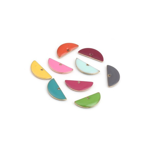 Sequins médaillons, résine style émaillés Biface Demi Cercle 18 par 8mm, coloris Jaune Canari