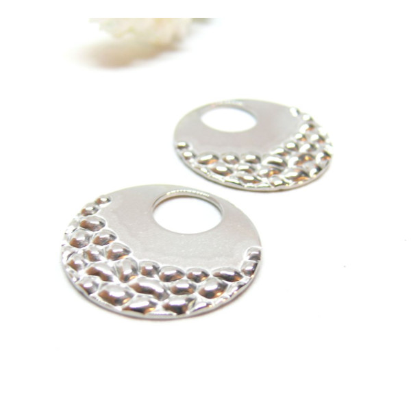 Pendentifs Rond martelé  23mm, Acier Inoxydable 304 finition Argenté