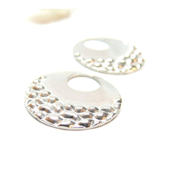 Pendentifs Rond martelé  23mm, Acier Inoxydable 304 finition Argenté