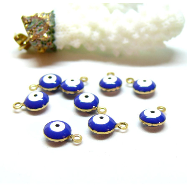 Pendentifs émaillés biface, Rond Bleu Oeil, Porte Bonheur 6mm, Acier Inoxydable base Doré