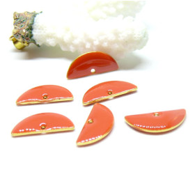 Sequins Médaillons Résine Émaillée Biface Demi-Cercle Orange 18x8mm