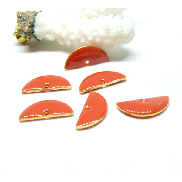 Sequins médaillons résine style émaillés Biface Demi Cercle Orange 18 par 8mm sur une base en métal dore