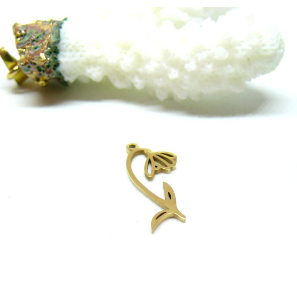 Pendentif Fleur sur tige 20 mm, symbole mois de Janvier, Acier Inoxydable 304 finition Doré