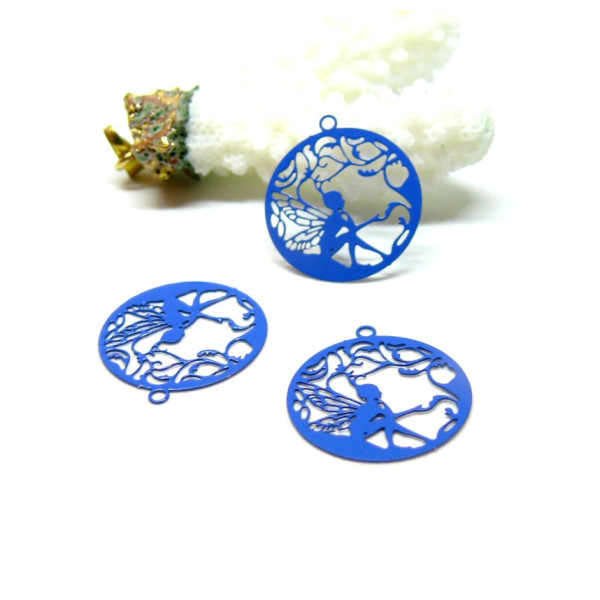 Estampes Pendentifs Fée dans cercle 20mm, métal finition Bleu