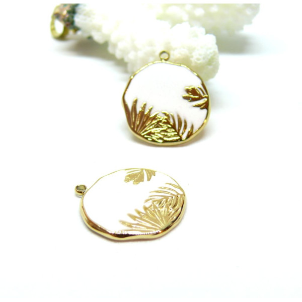 Pendentif Médaillon avec feuille en résine émaillé coloris Blanc, Acier Inoxydable 304, finition Doré 14K, PVD