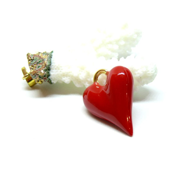 Pendentif Cœur Rouge 3D 28mm, Laiton avec résine émaillé, finition Doré à l'or fin 18K