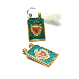 Pendentif Boho chic, Coeur , Ex Voto, Acier Inoxydable 304, finition Doré 14K, PVD