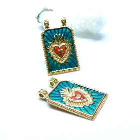 Pendentif Boho chic, Coeur , Ex Voto, Acier Inoxydable 304, finition Doré 14K, PVD
