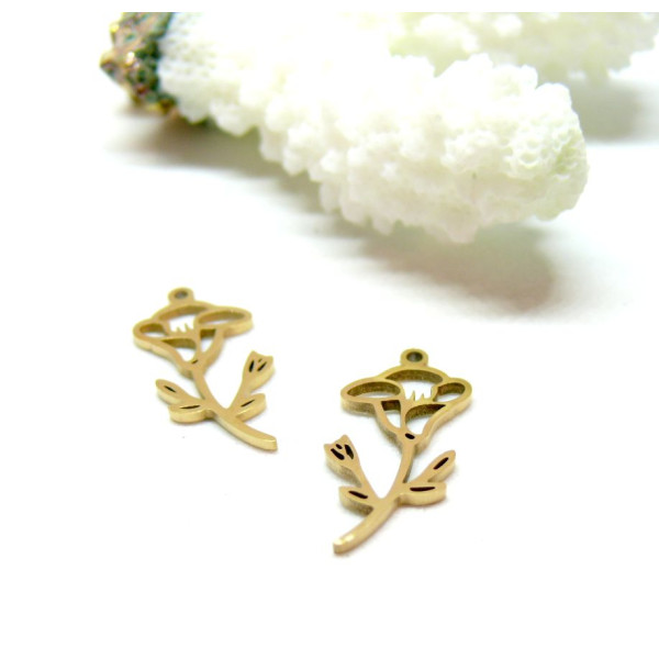 Pendentif Fleur sur tige 20 mm, symbole mois de Septembre, Acier Inoxydable 304 finition Doré