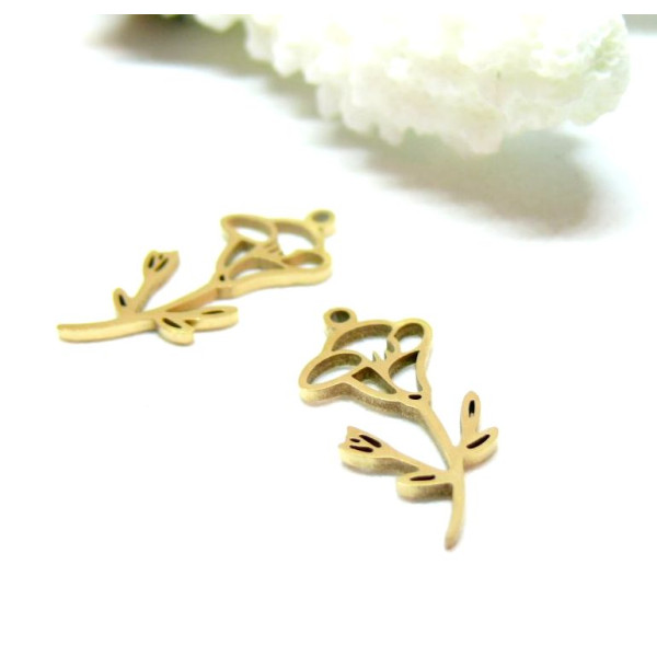 Pendentif Fleur sur tige 20 mm, symbole mois de Septembre, Acier Inoxydable 304 finition Doré
