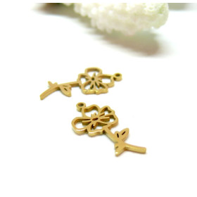 Pendentif Fleur sur tige 20 mm, symbole mois d' Août, Acier Inoxydable 304 finition Doré