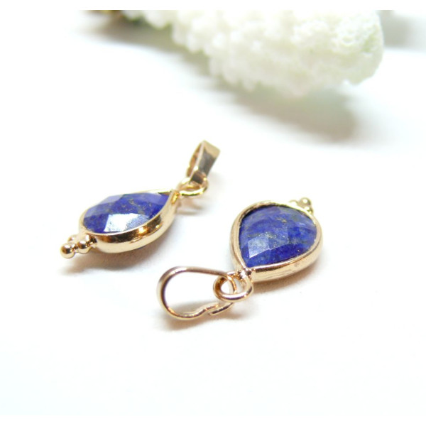 Pendentif attache triangle, Goutte  facettée Lapis lazuli 14 par 9mm, laiton finition Doré  à l'or fin 18K