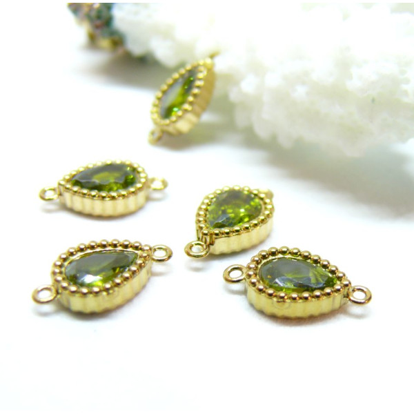 Connecteurs Goutte 12 par 7mm, Strass Vert , Acier Inoxydable 304, finition Doré à l'or fin 18K, PVD