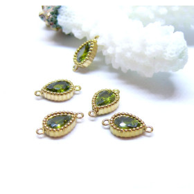 Connecteurs Goutte 12 par 7mm, Strass Vert , Acier Inoxydable 304, finition Doré à l'or fin 18K, PVD