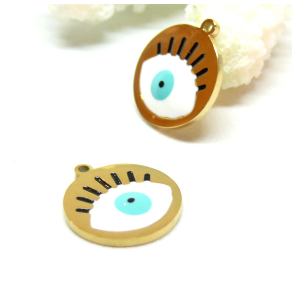 Pendentifs Amulette, Médaille avec Oeil de la protection 15mm, Acier Inoxydable 304 Doré, Placage IONIQUE