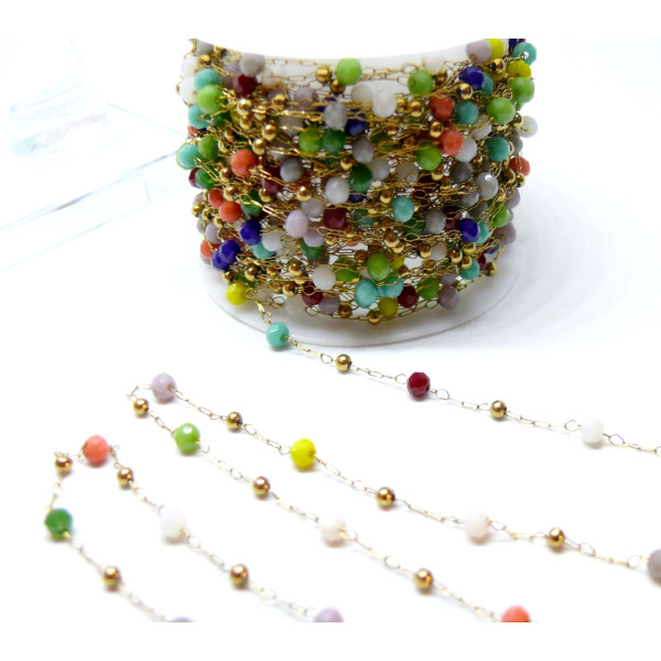 Chaine avec perles doré et perles de verre facettées, Acier Inoxydable 316 Doré  à l'or fin 18K, Placage IONIQUE