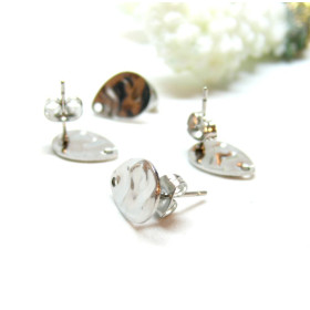 Boucles d'oreilles, Puces Gouttes martelées 12 par 9mm avec trou et embouts poussoirs, Acier Inoxydable 304, finition ARGENT