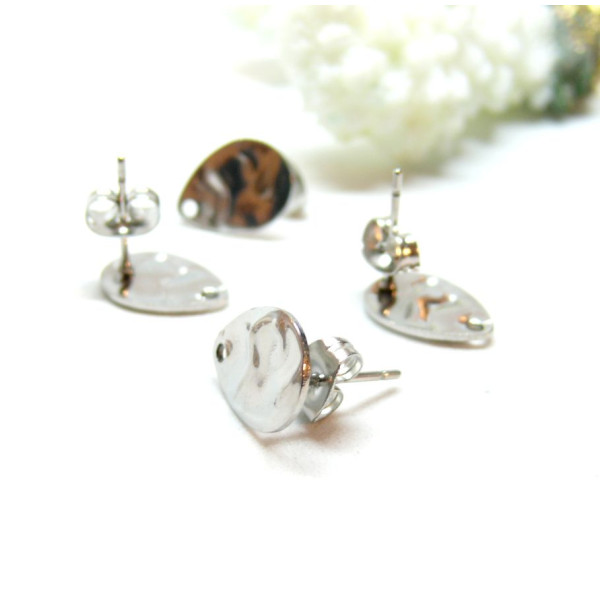 Boucles d'oreilles, Puces Gouttes martelées 12 par 9mm avec trou et embouts poussoirs, Acier Inoxydable 304, finition ARGENT