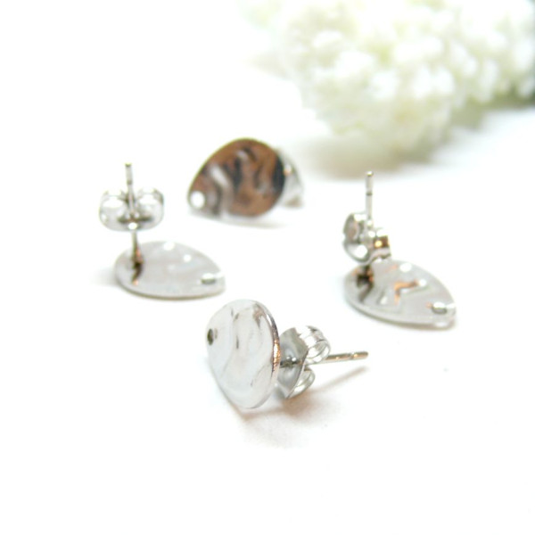 Boucles d'oreilles, Puces Gouttes martelées 12 par 9mm avec trou et embouts poussoirs, Acier Inoxydable 304, finition ARGENT