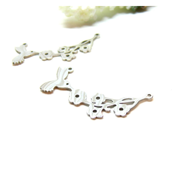 Connecteurs Oiseau, Colibri avec Fleurs 40mm – Acier Inoxydable 304 Argent Platine