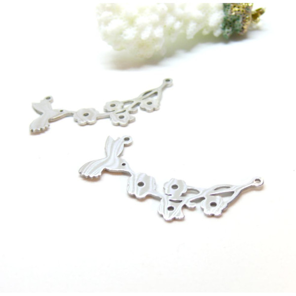 Connecteurs Oiseau, Colibri avec Fleurs 40mm – Acier Inoxydable 304 Argent Platine