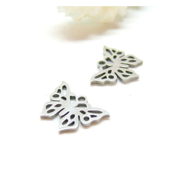 H11Q201JN2791 Lot 2 Pendentifs Papillon 14mm,  Acier Inoxydable, finition Argenté Rhodié