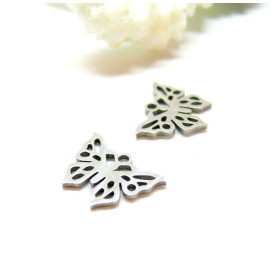 H11Q201JN2791 Lot 2 Pendentifs Papillon 14mm,  Acier Inoxydable, finition Argenté Rhodié