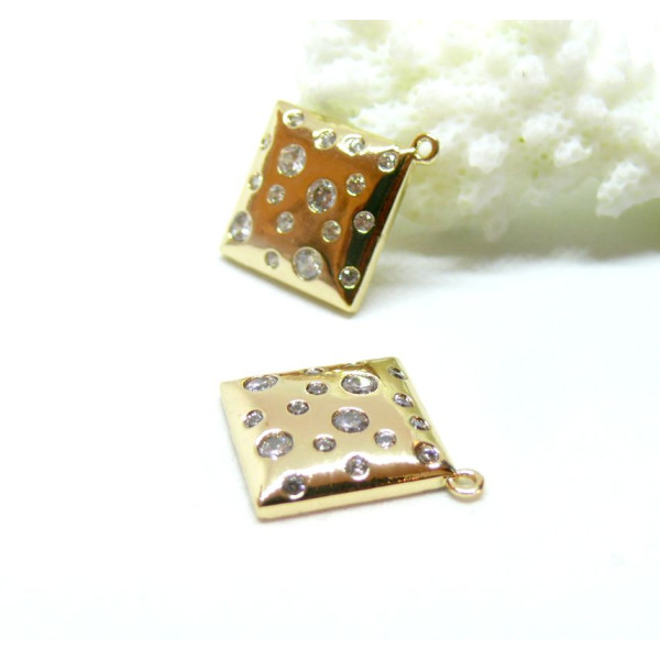 Pendentif  Losange avec strass 14mm, laiton finition Doré  à l'or fin 18K