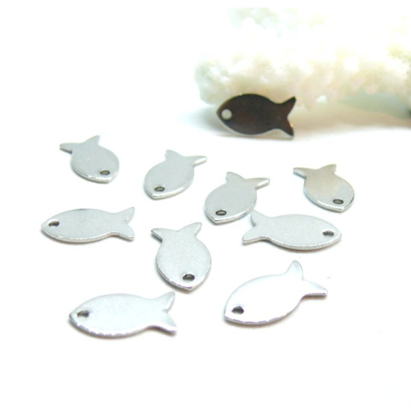 Pendentifs Poissons 14mm,  Acier Inoxydable, finition Argenté