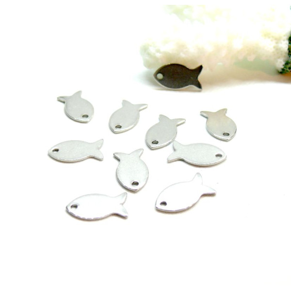 Pendentifs Poissons 14mm,  Acier Inoxydable, finition Argenté