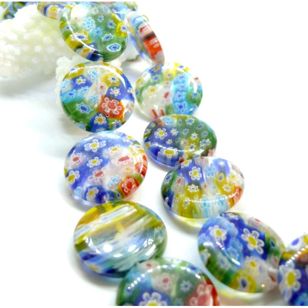 REFA – Lot de 10 Perles Rondes Plates 16 x 4.5 mm – Verre Millefiori Multicolores (coloris aléatoire)