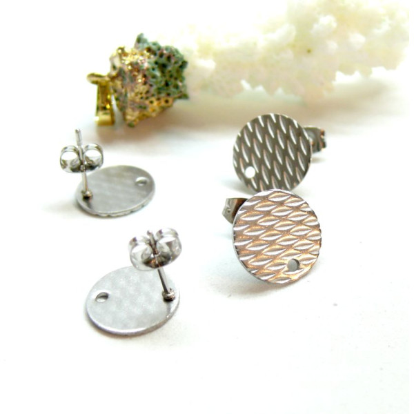 Boucles d'oreilles, Puces Texturées 12mm avec trou et embouts poussoirs, Acier Inoxydable 304, finition ARGENT