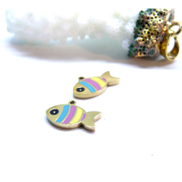 Pendentifs Poissons 8mm, résine émaillé, Acier Inoxydable 316L, Doré à l'or fin 18K