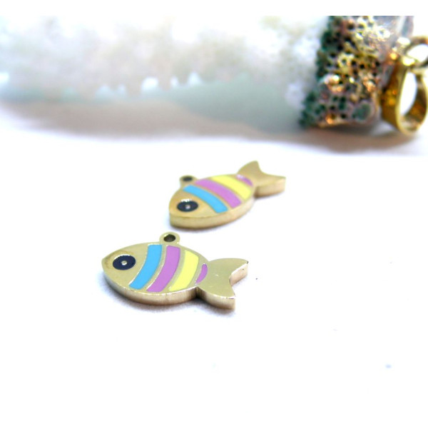 Pendentifs Poissons 8mm, résine émaillé, Acier Inoxydable 316L, Doré à l'or fin 18K