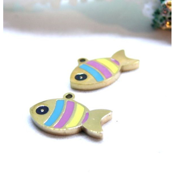 Pendentifs Poissons 8mm, résine émaillé, Acier Inoxydable 316L, Doré à l'or fin 18K