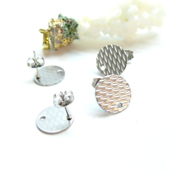 Boucles d'oreilles, Puces Texturées 8mm avec trou et embouts poussoirs, Acier Inoxydable 304, finition ARGENT