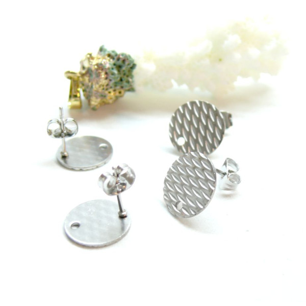 Boucles d'oreilles, Puces Texturées 8mm avec trou et embouts poussoirs, Acier Inoxydable 304, finition ARGENT