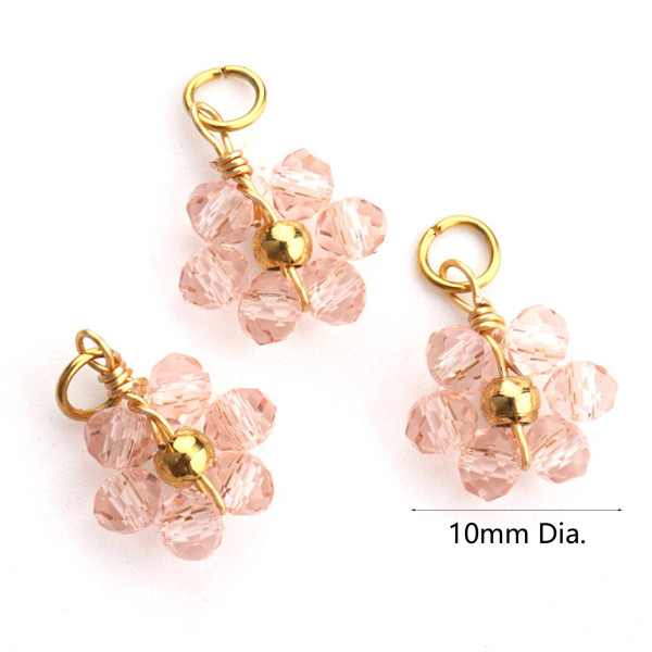 Pendentifs forme Fleur avec perles en verre Rose pale,  Acier Inoxydable 304 finition Doré